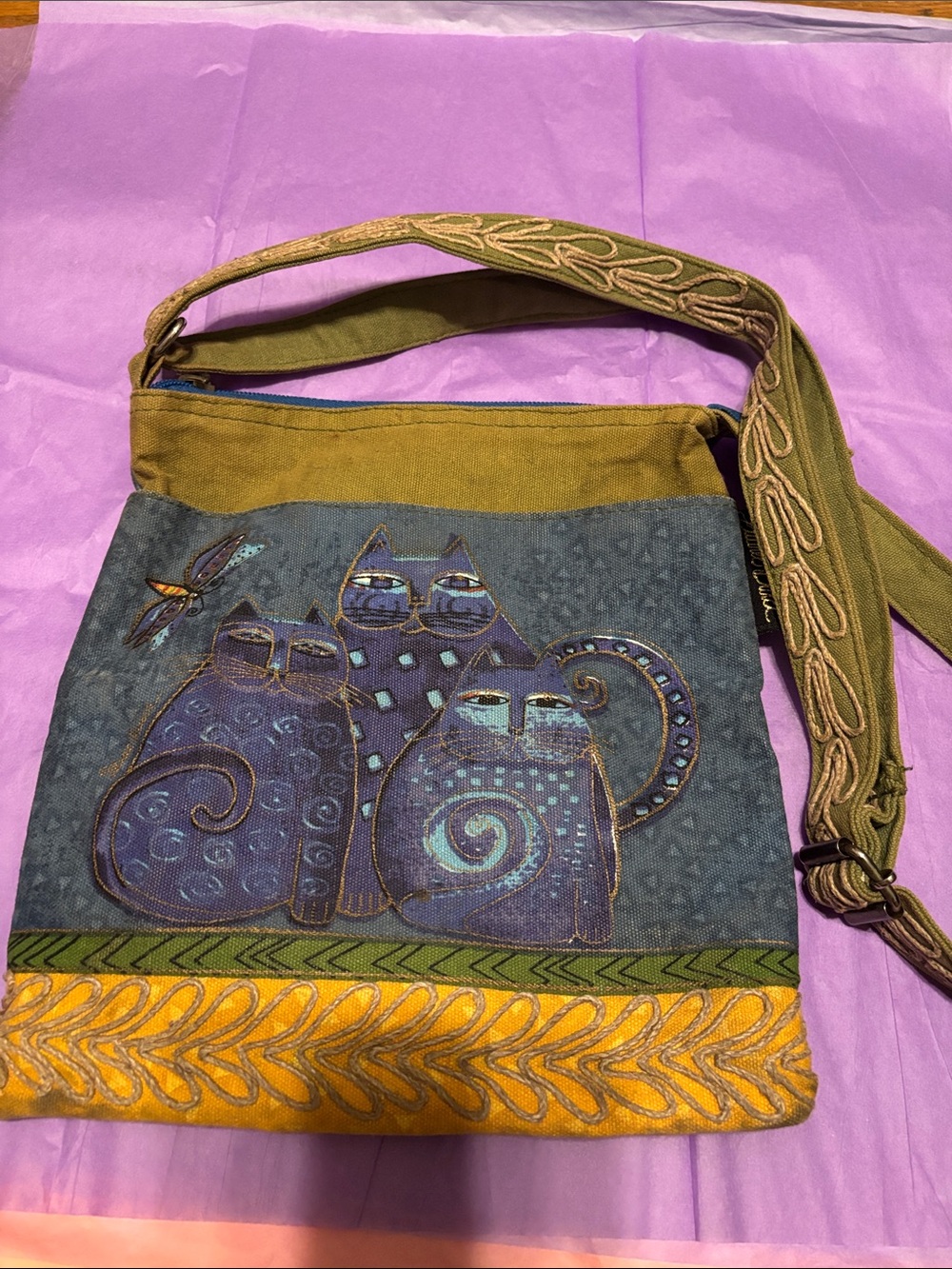 Laurel Burch Embroidered Cat Canvas Crossbody Bag in Olive and Mustard